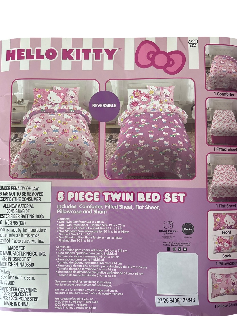 Hello Kitty Rainbow Garden Girls 5 Pc Pink Reversible Comforter Sheets Set Twin - Picture 11 of 11